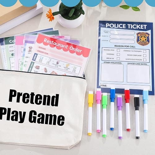 Eaasty 15 Pcs Kids Pretend Game Cards Set Include 6 Reusable Dry Erase Pads 6.3" x 8.7" 1 Canvas Bag 8 Erasable Markers for Imaginative Role Playtime Doctor Police Teacher Vet Coffee Restaurant thumbnail 6