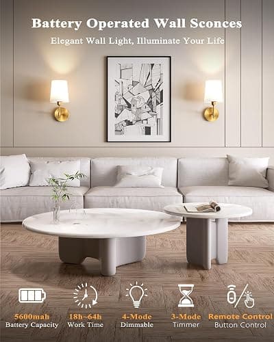 Ouyulong Battery Operated Wall Sconces Set of 2, Wireless Rechargeable Dimmable Wall Light with 5600mAh RGB Bulb and Remote for Bedroom, Living Room, Hallway (Gold) thumbnail 2
