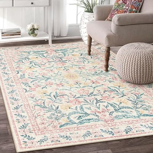 Wonnitar Pink Rugs for Nursery, 5x7 Washable Rug for Bedroom Girls, Boho Soft Floral Carpet Non Slip, Indoor Ultra-Thin Floor Carpet for Baby Kids Room Living Room Dorm Decor thumbnail 4