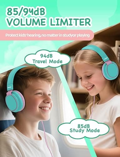 MIDOLA Kids Headphone Wired Volume Limited 85/94dB Over-Ear/On-Ear Foldable Headset with Microphone Hearing Protection Headphones for Toddler Boy Girl Child School Learning Pad Tablet Cyan thumbnail 3