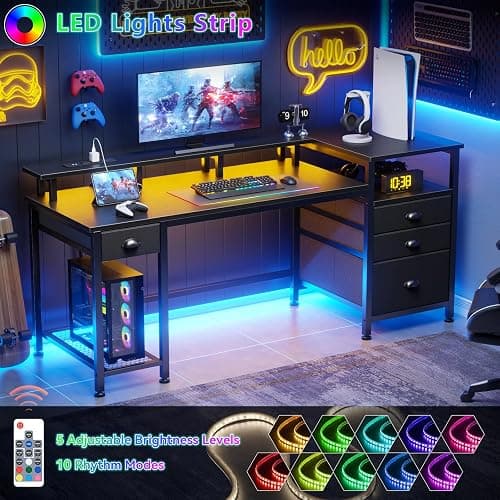 Furologee 60" Black Computer Desk with 4 Drawers and Printer Space, Gaming Desk with LED Lights and USB Power Outlets, Home Office Desk with Fabric File Cabinet,Study Work Table with Shelf for Bedroom thumbnail 4