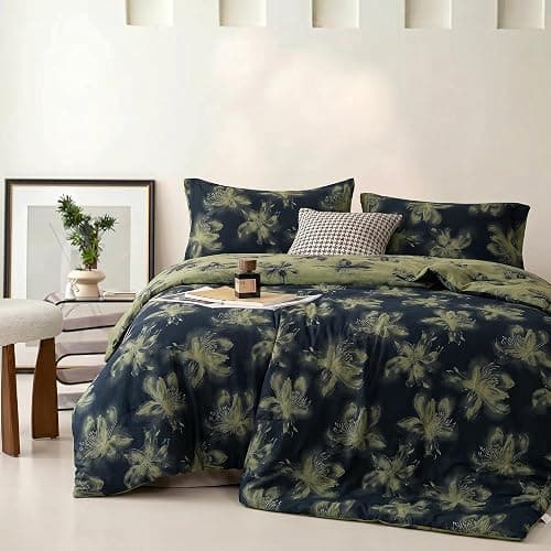 Purefair 100% Cotton Gauze Jacquard Comforter Set, Floral Lily Bloosom Print, Soft 2 Layers Reversible Lightweight 3 Piece Bedding Sets for All Season, Green Black, Full/Queen(90"x90") thumbnail 3
