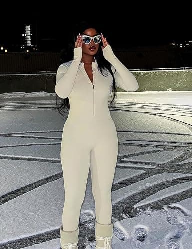 YEOREO Women Workout Jumpsuit Zip Up Long Sleeve Romper Bottom Pants Bodysuit Bodycon Sexy One Piece thumbnail 2