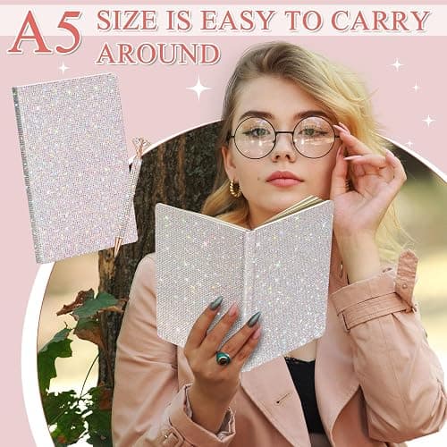 Resholder Silver A5 Rhinestone Notebook & Pen Set Bling Diary for Girls | Hard Cover Glitter Journal for Women, Sparkly Desk Accessories Gift for Women, Cute Classroom Supplies for Back to School thumbnail 5