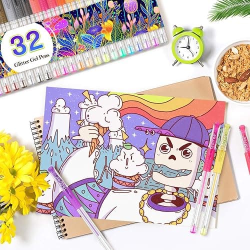 Taotree Glitter Gel Pens, 32 Colors Neon Glitter Pens Fine Tip Art Markers Set 40% More Ink Colored Gel Markers for Adult Coloring Book, Drawing Pens Art Supplies, Scrapbook, Journaling, Sparkle thumbnail 2