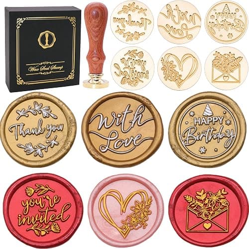 SWANGSA Blessing Wax Seal Stamp Gift Box Set, Vintage 6 Sealing Stamp Heads and 1 Wooden Hilt for Wedding, Party Invitations, Envelops, Christmas Cards and Gift (Phrases Kit) - Image 1