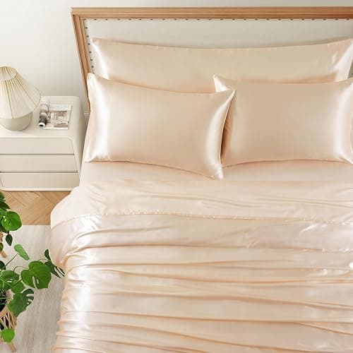 HommxJF 5Pcs Champagne Silk Sheets Full Size Satin Sheets Set with 1 Satin Flat Sheet,1Deep Pocket Fitted Sheet,3 Pillowcases with Envelope Closure thumbnail 4
