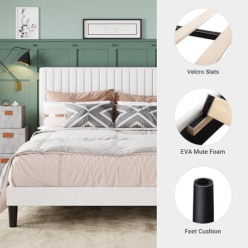 Allewie Queen Bed Frame, Velvet Upholstered Platform Bed with Adjustable Vertical Channel Tufted Headboard, Mattress Foundation with Strong Wooden Slats, Box Spring Optional, Easy Assembly, White thumbnail 5