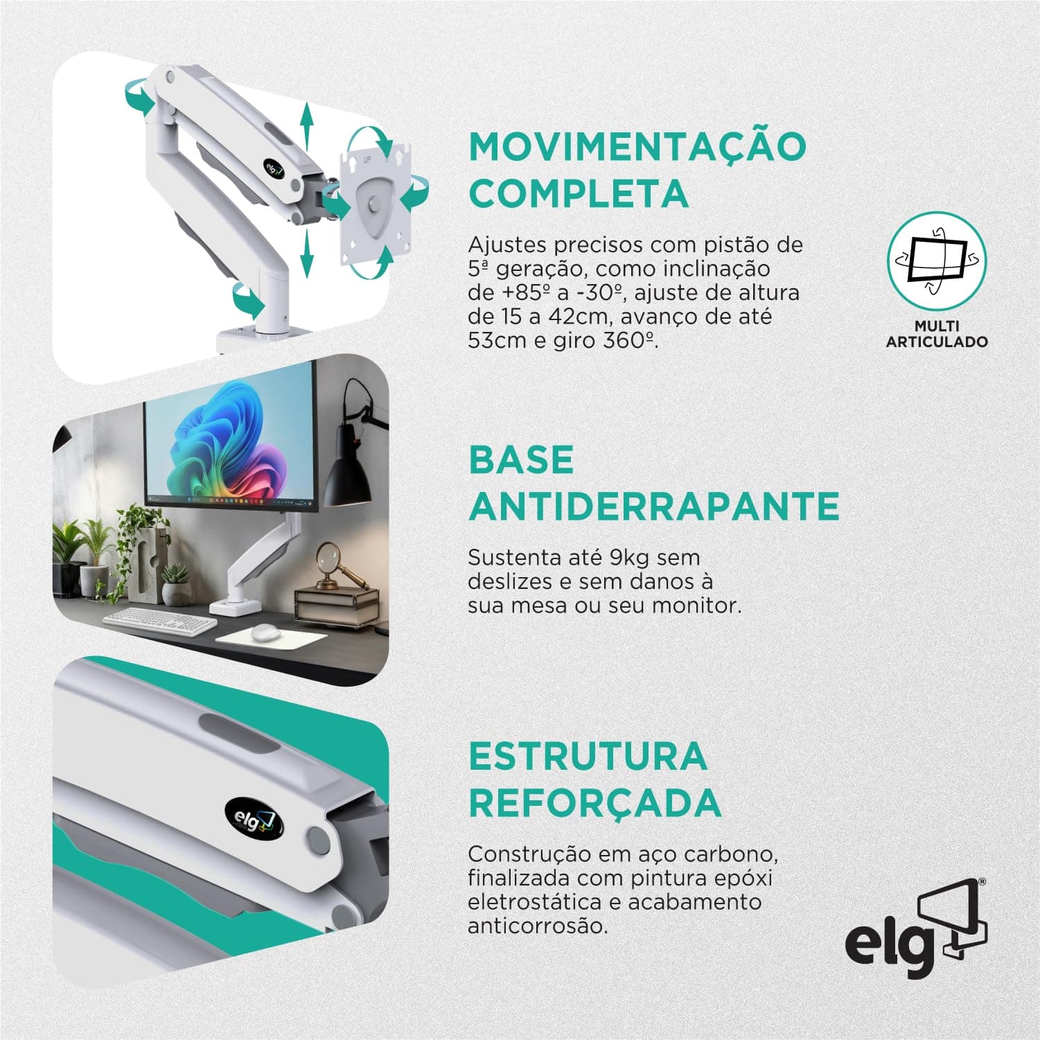 Suporte Articulado de Mesa com Pistão a Gás para Monitores de 17' a 35' Branco - F80W ELG thumbnail 3