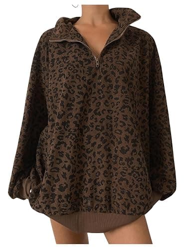 SweatyRocks Women's Leopard Print Oversized Sweatshirt Quarter Zip Collar Long Sleeve Pullover Tops thumbnail 2