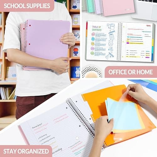 SUNEE 5 Subject Notebook College Ruled - 400 Pages, 9"x11", 5 Pocket Colored Dividers, 3-Hole Punched Paper, Pink thumbnail 9