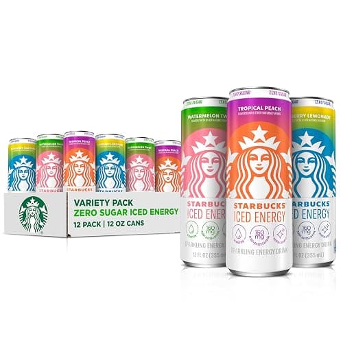 Starbucks Iced Energy Drink, 3 Flavor Variety Pack (Tropical Peach, Watermelon Splash, Blueberry Lemonade), Zero Sugar Energy Drink, Plant Based Caffeine, Hydration, Mental Clarity, 12x12 Fl Oz Cans - Image 1