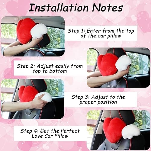 2 Pack Heart Shaped Cute Car Headrest Pillow with Angel Wings - Comfortable Soft Head Rest Cushion Kawaii Car Accessories Neck Pillow for Driving Travelling Office Home Decor - Pink Love Heart thumbnail 4