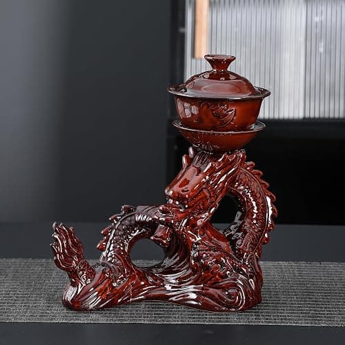 fanquare Lazy Kungfu Ceramic Tea Set for 6, Chinese Dragon Shape 9 Piece Tea Set Gift Box, Tea Cup, Infuser, Fair Cup Unique Tea Set for Office Business Gift, Red thumbnail 3