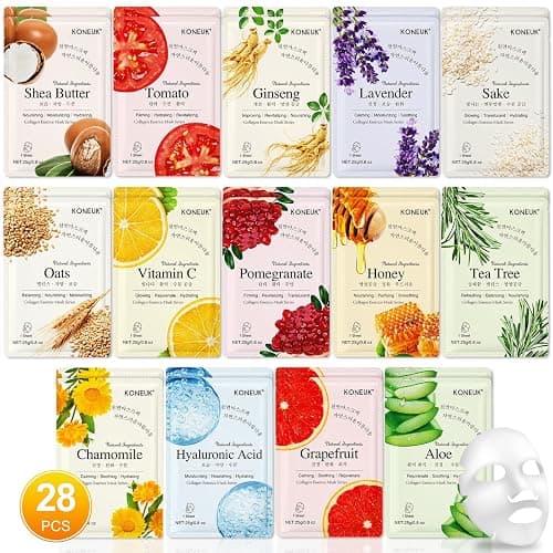 KONEUK 28 Pack Sheet Face Masks Skincare, Hydrating Face Masks Suitable for Sensitive Skin, Bulk Facial Mask Gifts Set for Women Skin Care, Home Skincare Spa for All Skin Types - Image 1