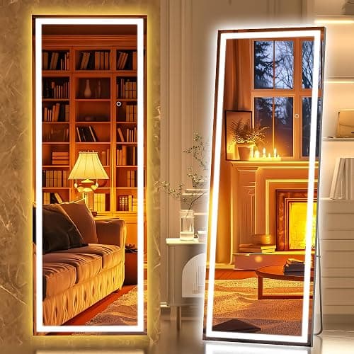 HASIPU Full Length Mirror with Lights, 56" x 18" LED Lighted Floor Standing Mirror, Full Body Dressing Hanging Mounted Mirror, Dimmable, Tempered Glass, Safe to Use, Square Black - Image 1