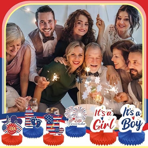 Humyoun 10 Pcs 4th of July Gender Reveal Decoration 250th Anniversary Gender Reveal Honeycomb Centerpiece Independence Day Little Firecracker Table Topper for Baby Shower Party(Independence Day) thumbnail 6