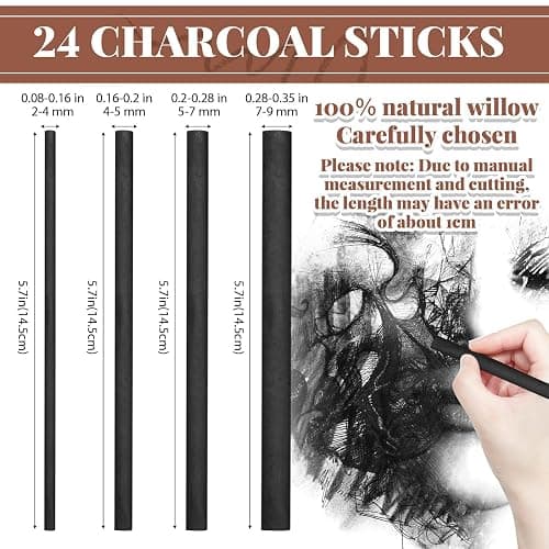 Gueevin 24 Pcs Willow Charcoal Sticks, Willow Charcoal, Artists, Beginners, Students, Perfect for Sketching, Drawing, Shading, and Fine Back to School Christmas Art Gifts (2-4mm，4-5mm，5-7mm，7-9mm) thumbnail 2