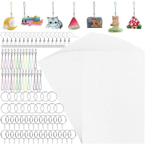 Natonhi 290 Pieces Heat Shrink Plastic Sheet Kit Include 30pcs A4 Shrinky Art Paper and 120 Keychains Accessories 20 Earring Hooks, Creative Craft Homemade Shrinky Dinks and Keychain - Image 1