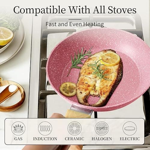 Innwewell Non Stick Frying Pan - Pink Non Stick Skillet Frying Pans, Safe&No Toxic Egg Omelette Frying Pan, 8 Inch Small Nonstick Cookware Cooking Pan, Induction Compatible, PFOA Free thumbnail 3
