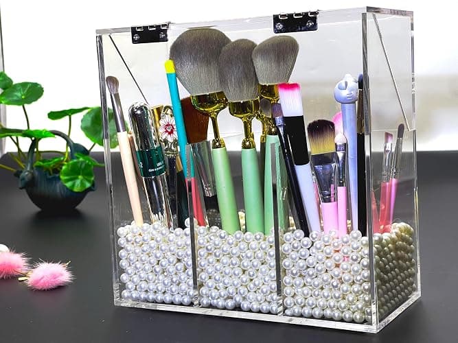 VASERDDY Acrylic Makeup Organizer,Clear Cosmetic Brush Storage Box With 3 Brush Holders,with Dust Cover, Large-capacity Split Design can Quickly Organize the Desktop (with3 bags of white pearls thumbnail 8
