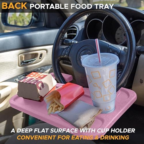 EcoNour 2 in 1 Car Steering Wheel Desk | Steering Wheel Tray for Laptop and Food | Pink Table Tray for Eating with Drinks Holder | Car Accessories thumbnail 4
