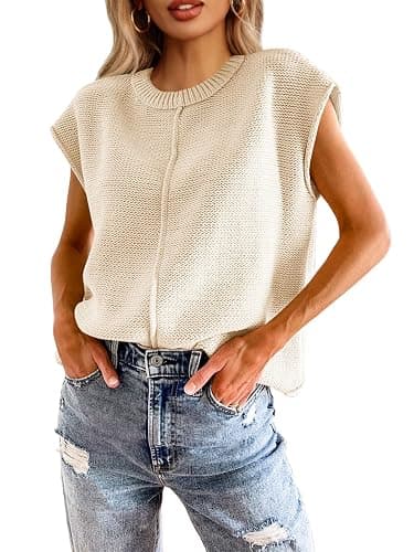 Saodimallsu Womens Summer Cap Sleeve Tops Casual Crew Neck Loose Fit Knit Lightweight Sweater Pullover Top - Image 1