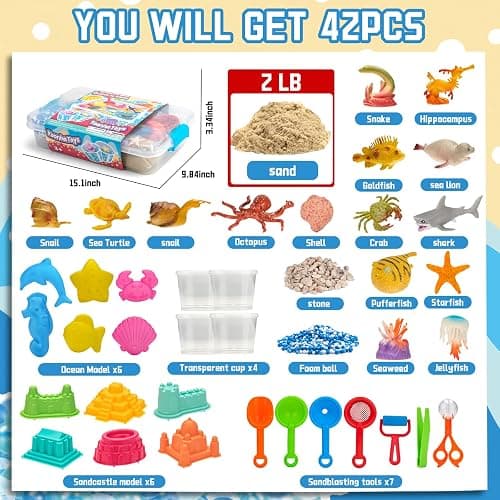 Ocean&Sand Sensory Bin with Lid, 42 Pcs Sensory Sand Kit with Sea Animals for Kids, Birthday Christmas Gifts for Boys Girls, Preschool Learning Activities Tools Box, Outdoor Sandbox Toys for Toddlers thumbnail 3