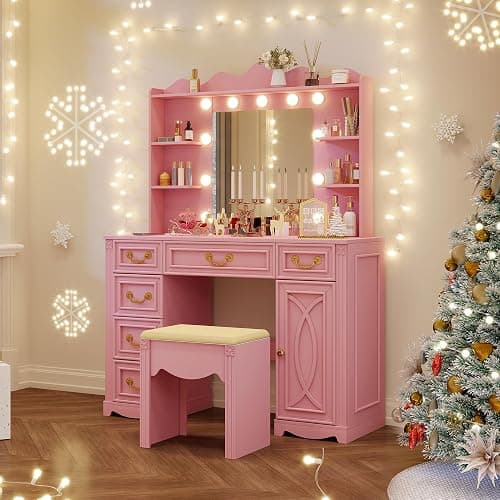 Vlsrka Vanity Desk with Large Mirror and Lights, 43.3" Makeup Vanity Desk with Charging Station and 6 Drawers, Makeup Dressing Table with Storage Stool for Bedroom (Pink) thumbnail 8