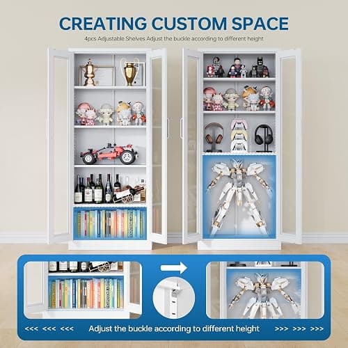 PEUKC Display Storage Cabinet with Glass Door, 67 Inches Metal Curio Cabinet with 4 Adjustable Shelves, HD&Tempered Glass Display Case for Home, Office, Clinic, Pantry, Assemble Required (White) thumbnail 6