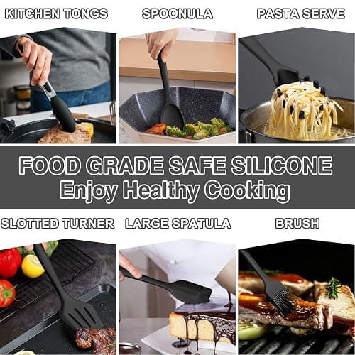 Umite Chef 22-Piece Silicone Cooking Utensils Set，Heat Resistant & Dishwasher Safe Kitchen Tools, Black Non-Scratch Spatula Set for Nonstick Cookware (Black) thumbnail 6