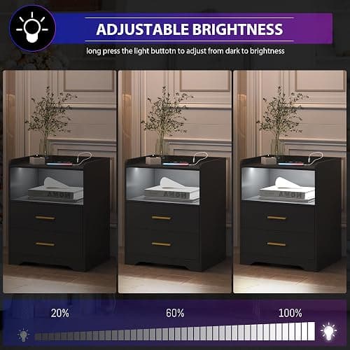 dnbss Black LED Nightstand with Charging Station, Modern Night Stands with 24-Color RGB LED Lights, Smart Lighted Black Bedside Table with 2 Drawers for Bedroom thumbnail 6