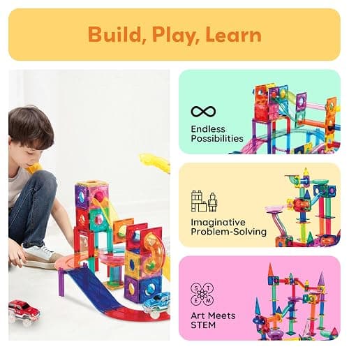 PicassoTiles 108pc Magnetic Marble Run Set with Building Tiles Race Track Car Slides Set STEM Learning Toy 3-in-1 Preschool Construction Kit for Indoor Activity and Development for Kids age 3+ PTG108 thumbnail 2