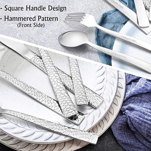 E-far Hammered Silverware Set, 40-Piece Stainless Steel Square Flatware Set for 8, Metal Tableware Cutlery Set Includes Dinner Knives/Forks/Spoons, Modern Design & Mirror Polished - Dishwasher Safe thumbnail 5