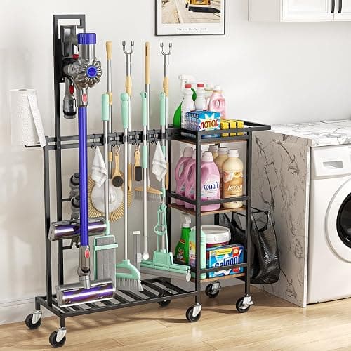 Housolution Cleaning Utility Cart on Wheels, Multifunctional Cleaning Tools Supplies Organizer with Broom and Mop Holder, Vacuum Stand Compatible with Dyson, Rolling Storage Cart for Home - Image 1