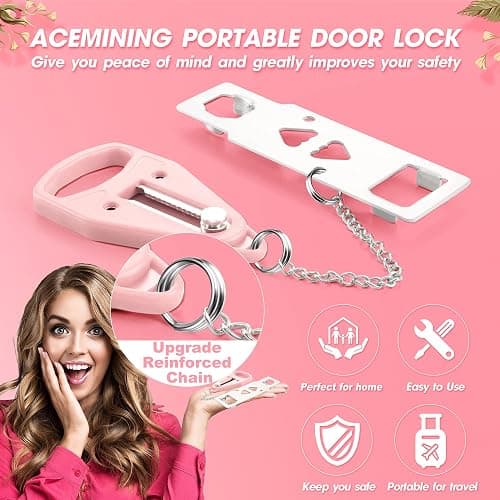 AceMining Portable Door Lock Home Security Door Locker Travel Lockdown Locks for Additional Safety and Privacy Perfect for Traveling Hotel Home Apartment College-Pink(1 Pack) thumbnail 3