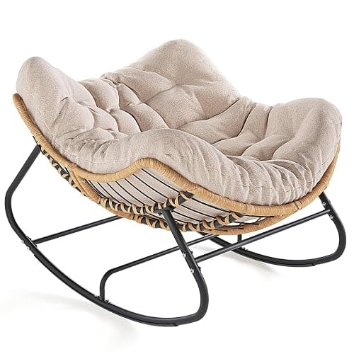 SWITTE Outdoor Rocking Chair, Oversized Patio Papasan Rocker, Comfy Wicker Reading Lounge, Indoor Egg Chair for Bedroom, Living Room, Porch, Garden, Lawn-Cream - Image 1