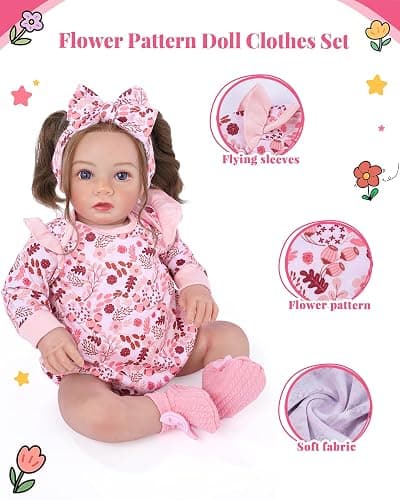 BABESIDE 3PCS Reborn Baby Doll Clothes for 17-22 Inch Dolls, Baby Doll Outfit Accessories with Floral Pattern fit Newborn Baby Dolls Girl Boy, Pink thumbnail 3
