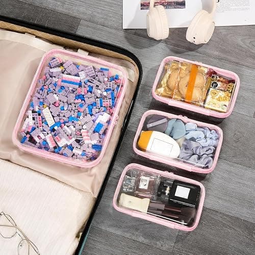 4 pcs Clear Zipper Pouches,Hard Shell Zipper Case, Toiletry Bag for Travel | CLear Diaper Bag, Toiletry Pouch, Travel Organizer, Cosmetic Bag,Toy Storage Bins (M+3S)(Baby Pink) thumbnail 2