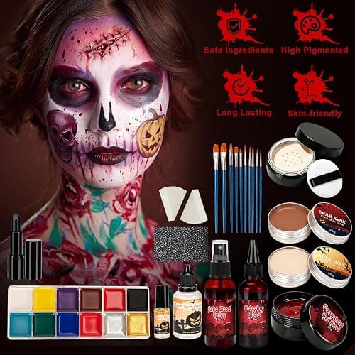 Halloween SFX Makeup Kit 24pcs for Adults Zombie Vampire Cosplay | 3 Kinds of Fake Blood+Scar Wax+Oil Face Paint Kit, Setting Powder, Brushes, Sponges, Professional Special Effects Makeup Kit thumbnail 6