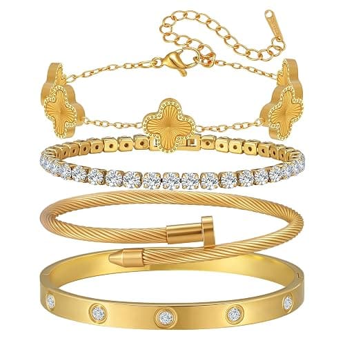 Jzrow 18K Gold Plated Bangle Bracelets Stack for Women,Four Leaf Clover Stackable Bracelets Non Tarnish,4 Pcs Jewelry sets Gifts - Image 1