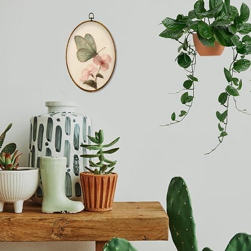 Hiuwevt Green Butterfly Oval Wall Art Decor, Vintage Pink Floral Butterfly Moth Framed Canvas Prints, Retro Cottagrcore Floral Round Wall Hanging Decor for Bedroom Home Decorations, 8.6x11.4 Inches thumbnail 2