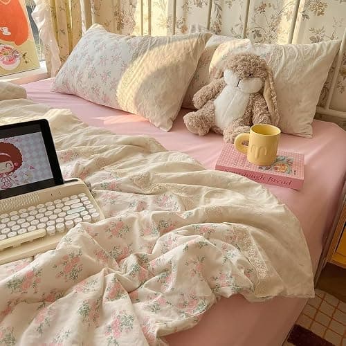mixinni Vintage Floral Duvet Cover Set - 3 Piece King Size Pink Cottagecore Bedding with Lace Trim, Shabby Chic Bedding Set, Includes 1 Duvet Cover & 2 Pillowcases, Boho Aesthetic for Girls & Dorms thumbnail 6