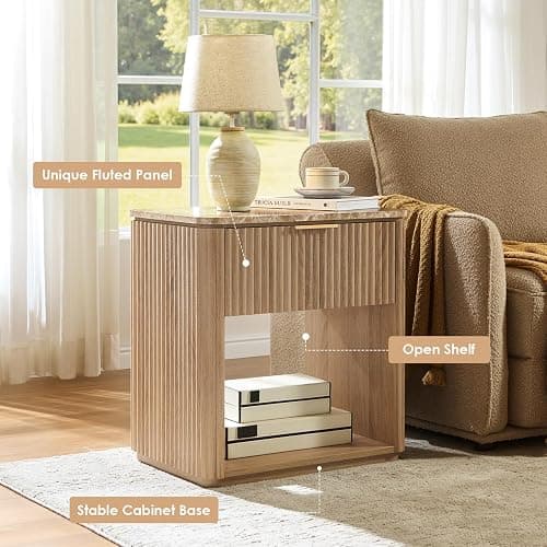 Fluted Nightstand Set of 2, Bedside Table with Faux Marble-Top, Engineered Wood Side Table with Drawer Open Shelf, Curved Corners, Modern Night Stand for Bedroom, Small Spaces, Natural Oak thumbnail 5