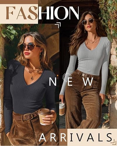 Riyiper 3 Pack Women Long Sleeve Shirts, 95% Cotton V Neck Ribbed Knit Tops Slim Fit Casual Going Out Tee Shirts thumbnail 5
