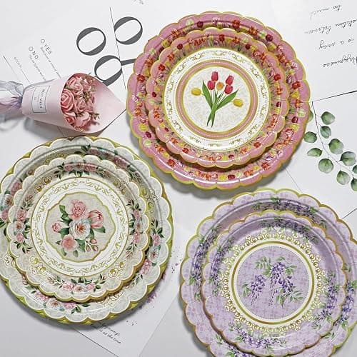Oevbexos 48-Pack Floral Paper Plates, Tea Party Decorations, 9 Inch Disposable Floral Plates for Tea Party, Father's Day, Bridal Shower, Birthday, Wedding and Baby Shower thumbnail 2