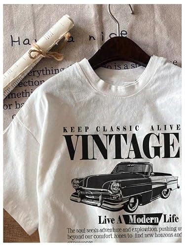 RoseSeek Women's Graphic Letter Tee Crew Neck Trendy Summer Vintage T Shirt | Drop Shoulder, Short Sleeve Car Print Top, Graphic Tees for Women, Y2k Vintage Tshirts thumbnail 3
