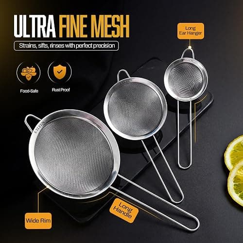 ELEEN Premium Stainless Steel Fine Mesh Strainers for Kitchen 3-Piece Set with Non-Slip Handle, Small, Medium & Large Sieves, Colanders and Sifter for Sifting, Straining, Pastas Tea, Rice Vegetables thumbnail 3