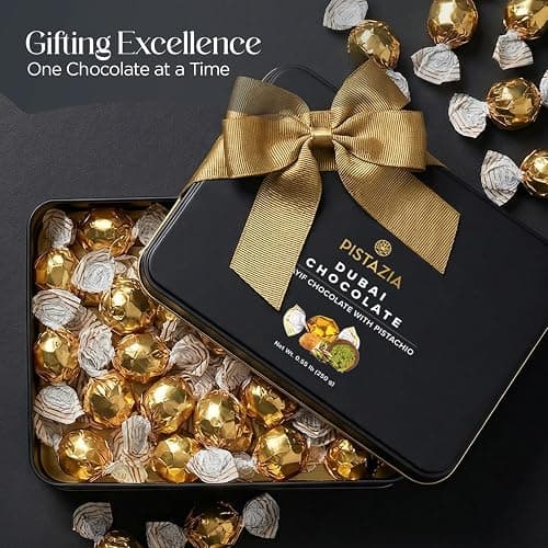 Pistazia Dubai Chocolate Gift Box — Real Pistachio Butter & Crispy Knafeh Kadayif Filling, 8.8oz Premium Milk Chocolate in Reusable Black Tin — Authentic Luxury Gift Set for Mother's Day & Eid thumbnail 6