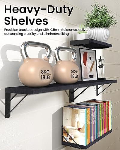 BAYKA Wall Mounted Floating Shelves, Wood Floating Wall Shelf for Books & Decor, Small Space-Saving Display & Organizer（Black，Set of 4） thumbnail 5